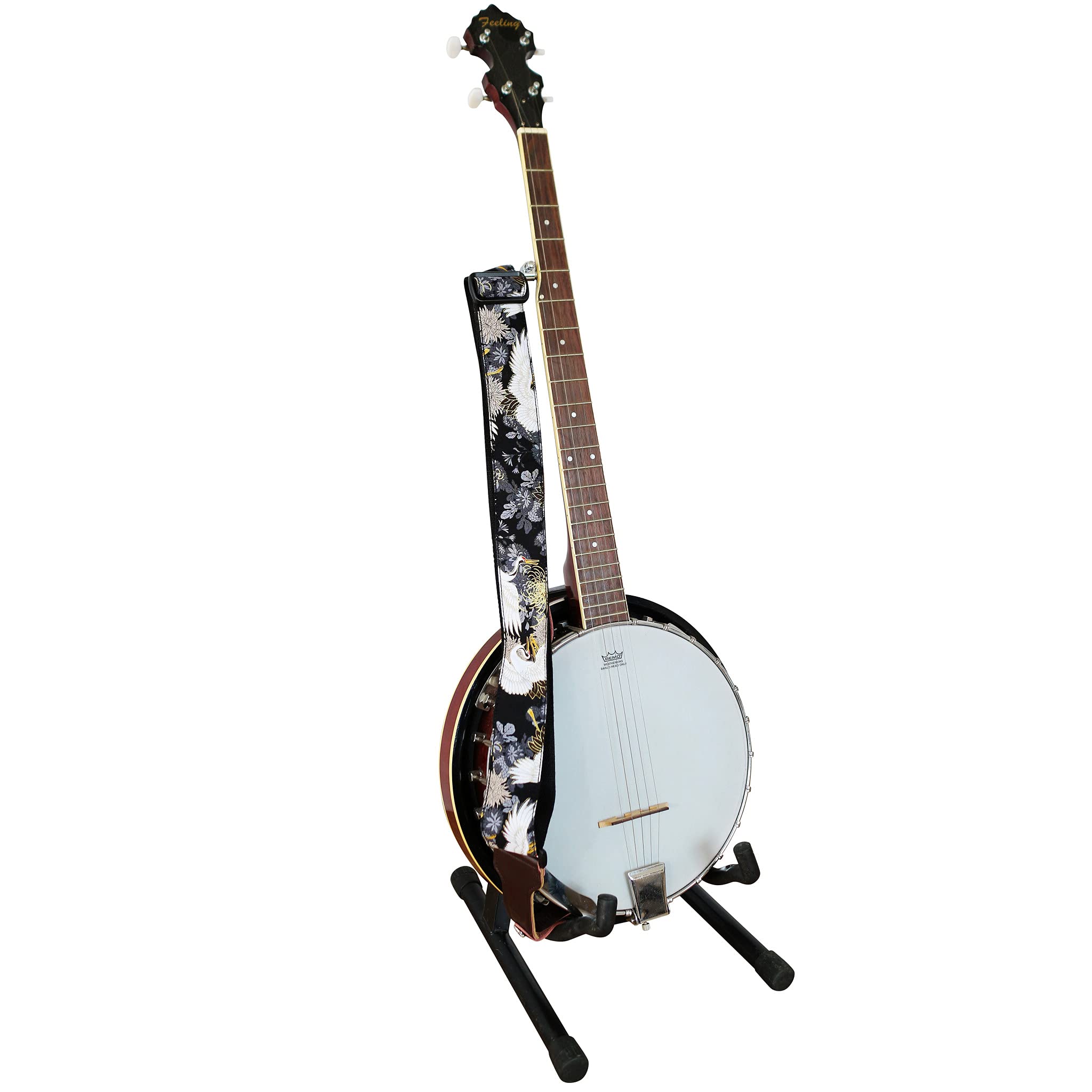 MUSIC FIRST, 2 inch width (5cm), Padded, Vintage Ukiyoe Style ''Chrysanthemum & Crane in Black '' Soft Muslin & Genuine Leather